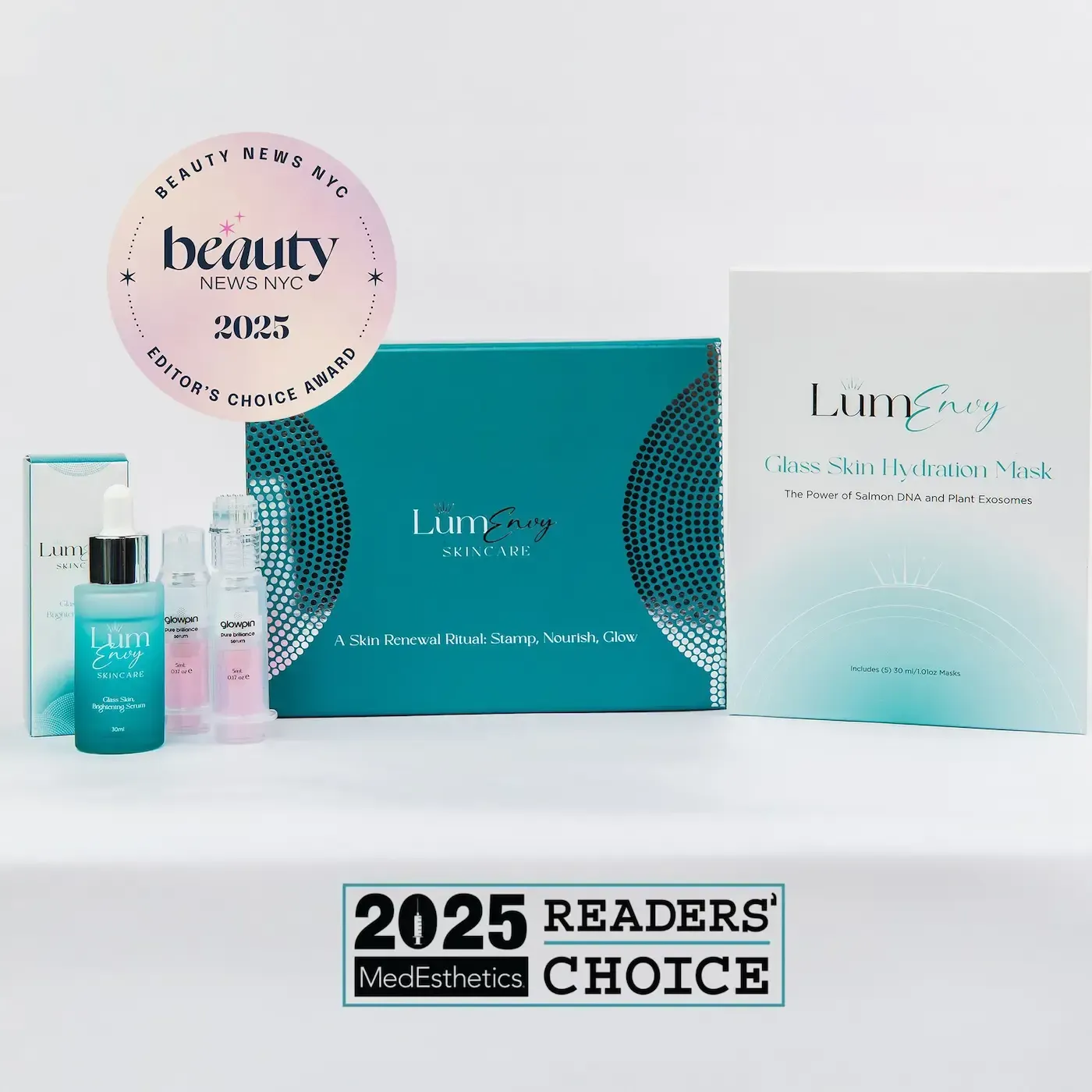 A person with glowing skin poses next to a product box and multiple skincare sheet mask packets against a white background.