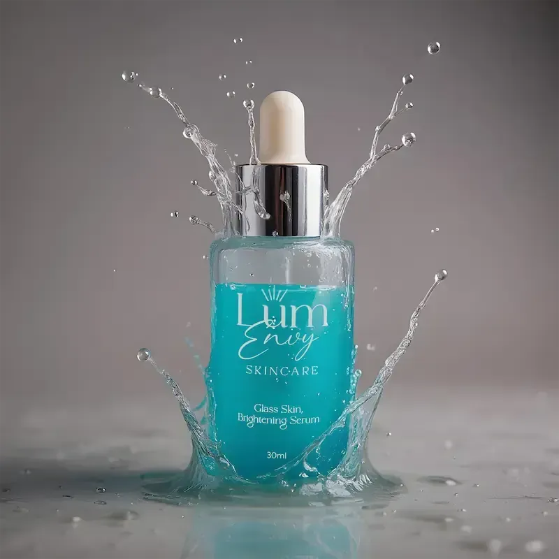 A teal glass dropper bottle labeled Lum Envy Skincare sits in a splash of blue liquid against a gray background.