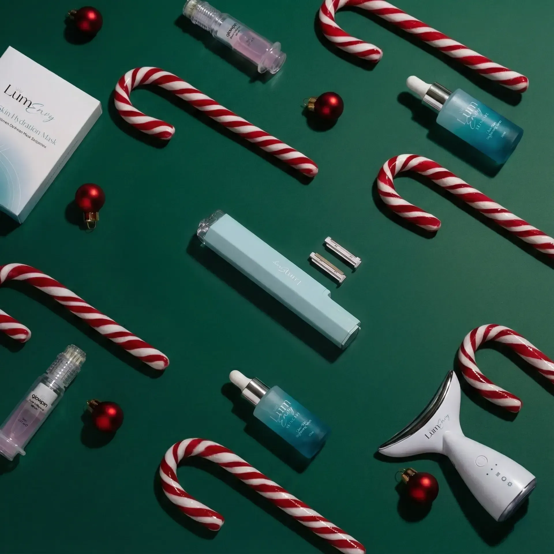 Flat lay of beauty products, candy canes, and red ornaments on a deep green background.