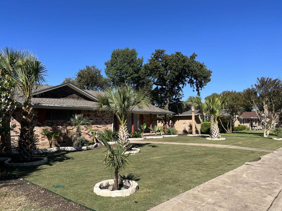 A brick house with a lush green lawn and palm trees in front of it.