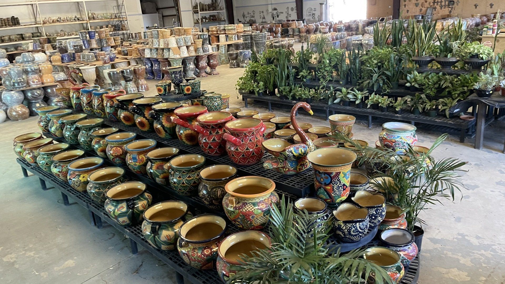 A warehouse filled with lots of pots and plants.