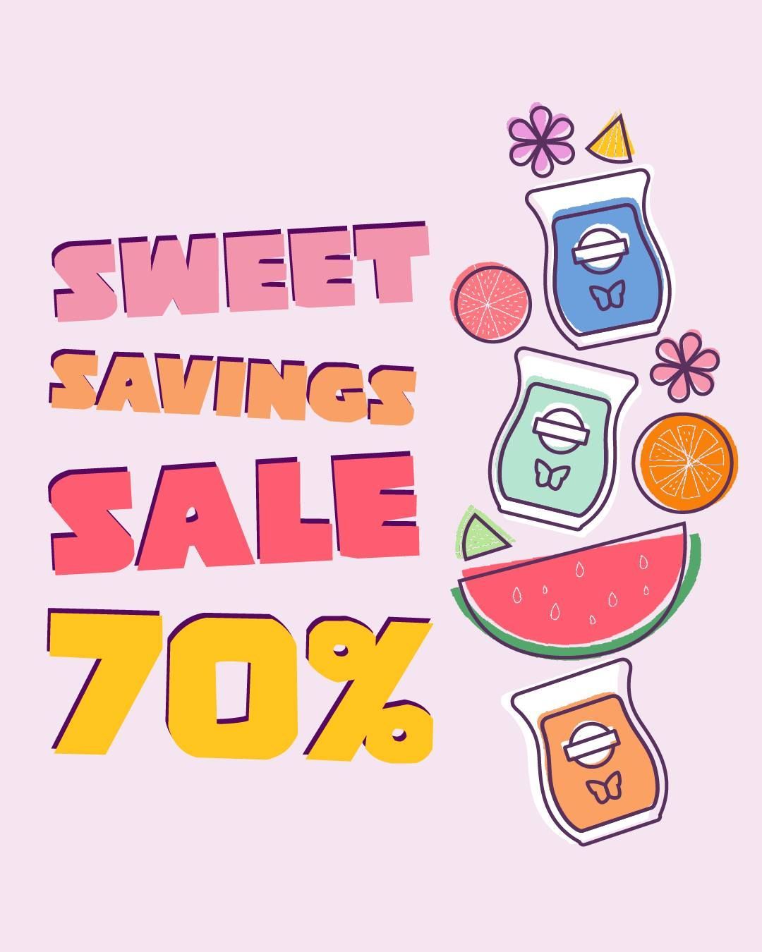 A pink poster that says sweet savings sale 70 % huisgeuren.scentsy.nl