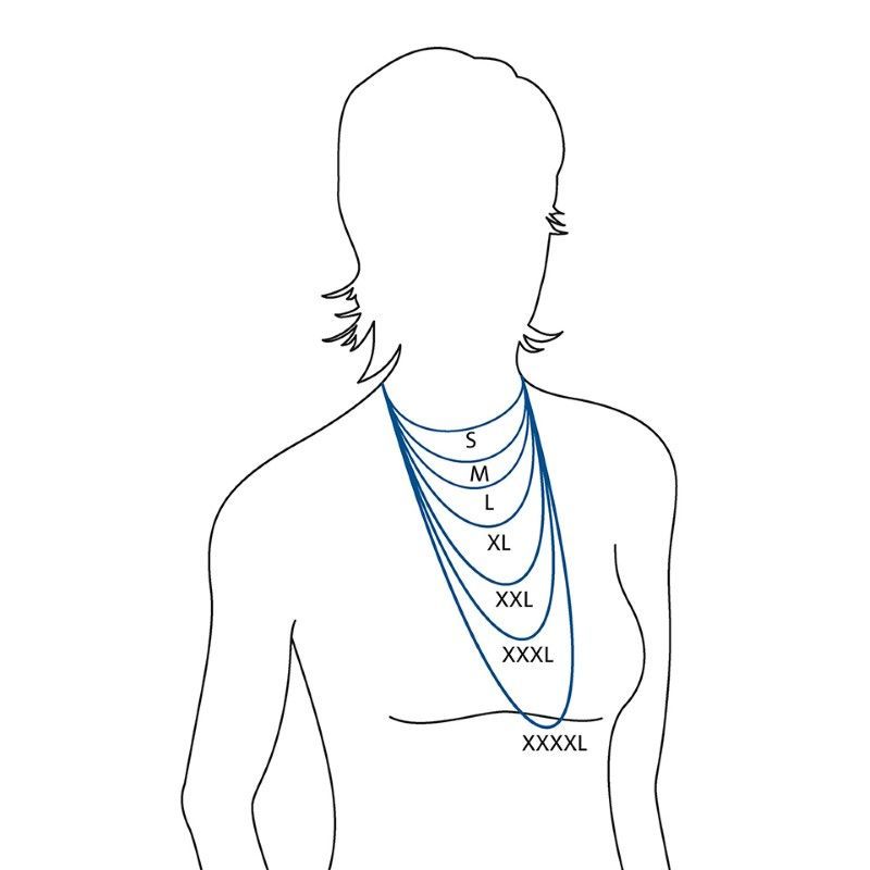 Lengte-indicatie voor halskettingen op een damessilhouet, met maten S tot en met XXXXL. Halskettingen maten