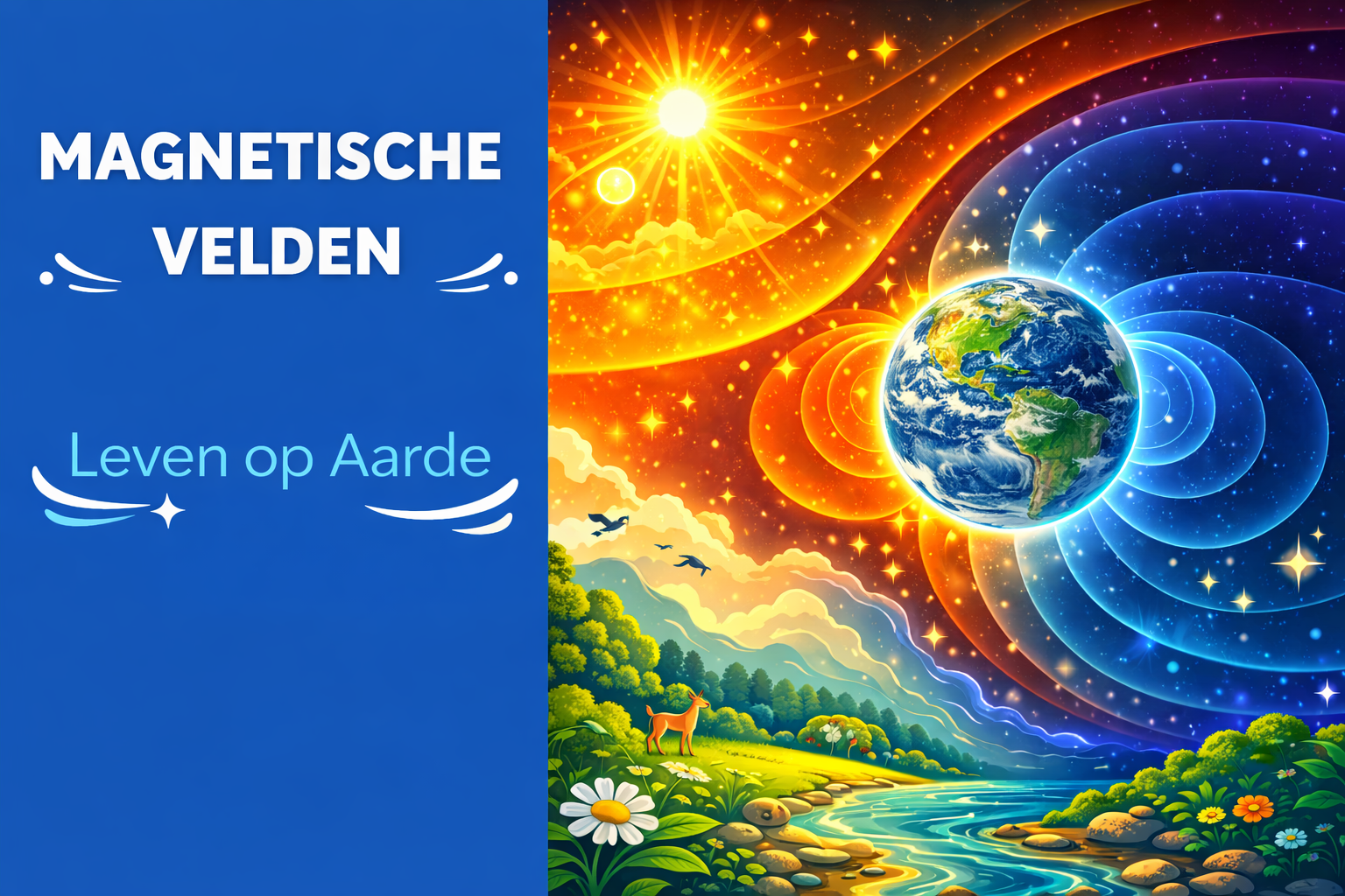 Illustratie van de aarde met een levendig magnetisch veld en de tekst 