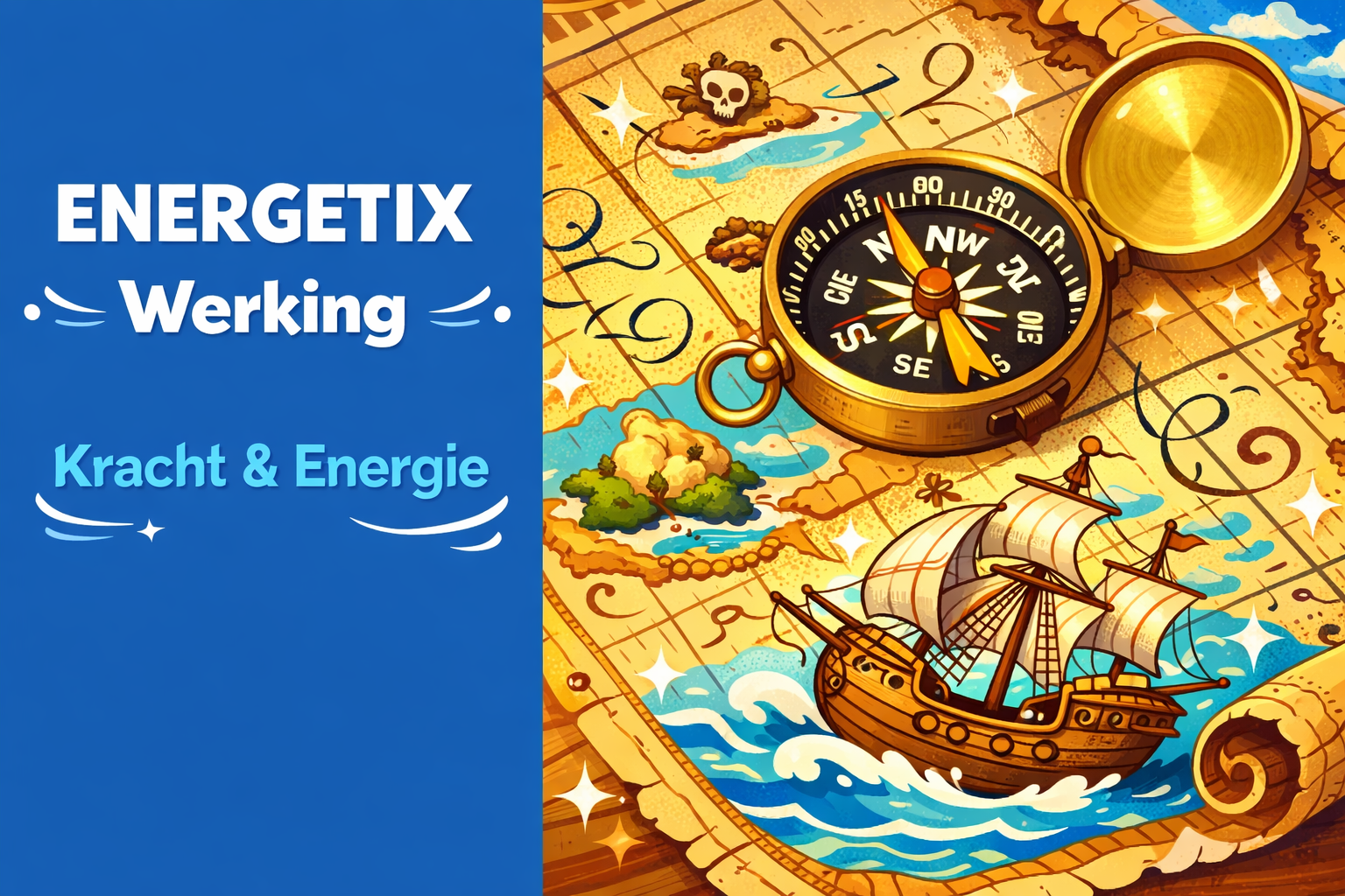Blauw-gouden reclame. Kompas, piratenschip op een kaart, met de woorden 
