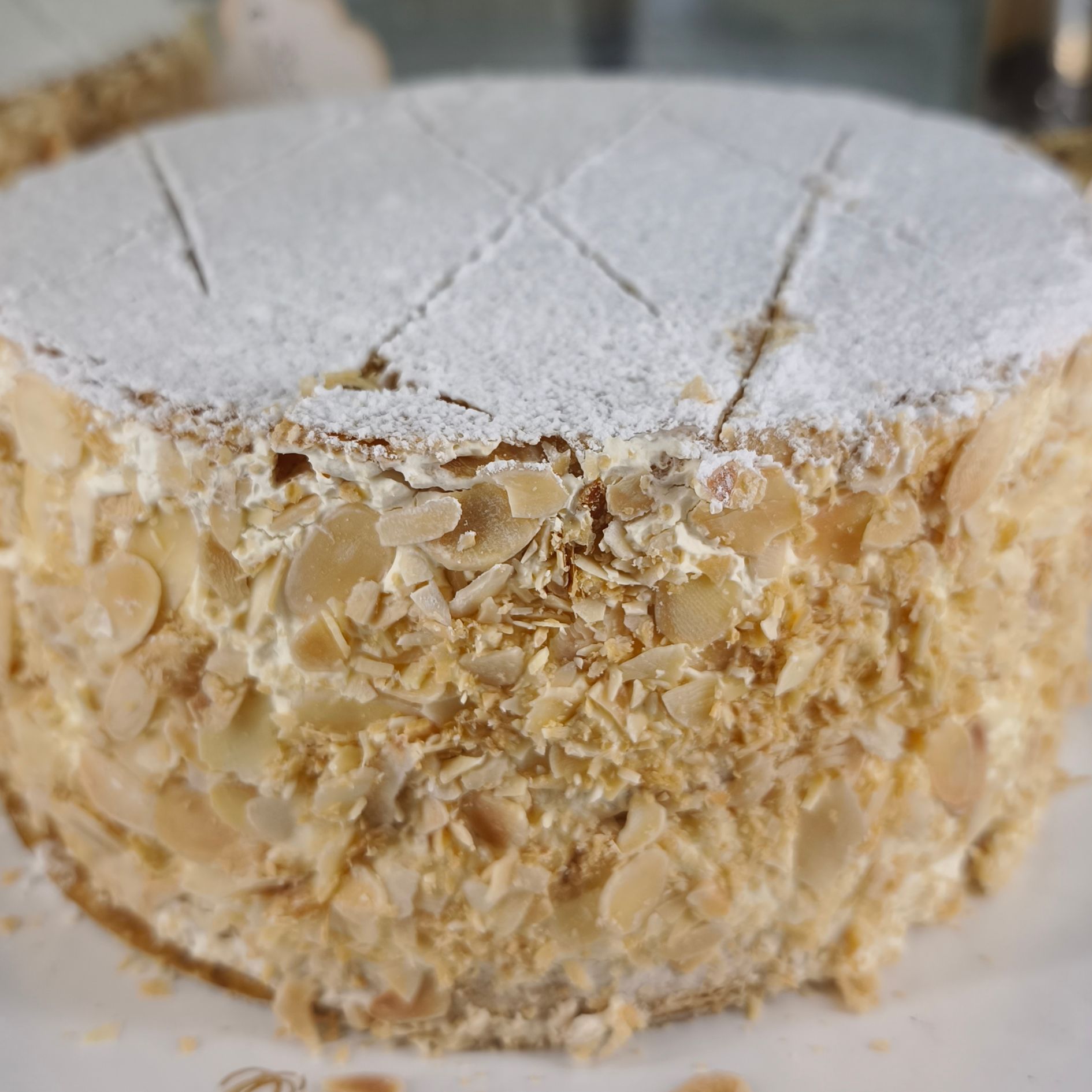 Un primo piano di una torta con zucchero a velo sopra, su un piatto.