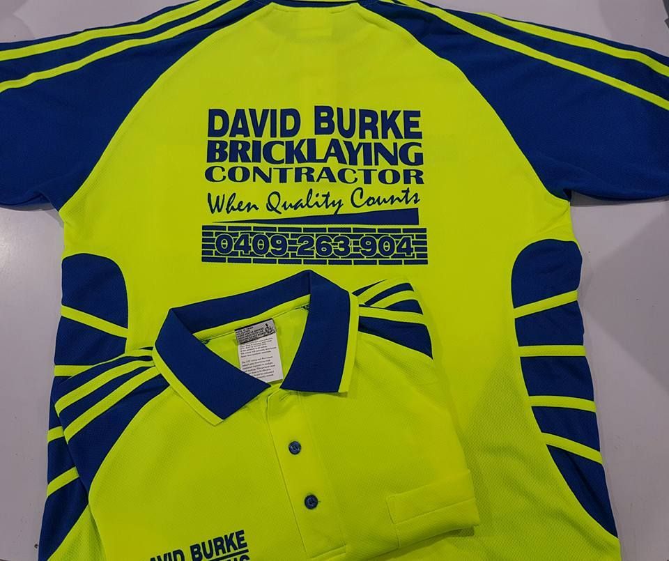 Yellow And Blue Shirt That Says David Burke Bricklaying Contractor — Sportstar Screenprinting In Newtown, QLD