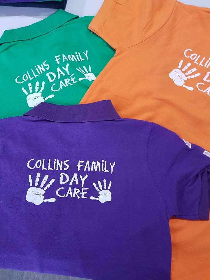 Three Shirts With The Words Collins Family Day Care On Them — Sportstar Screenprinting In Newtown, QLD