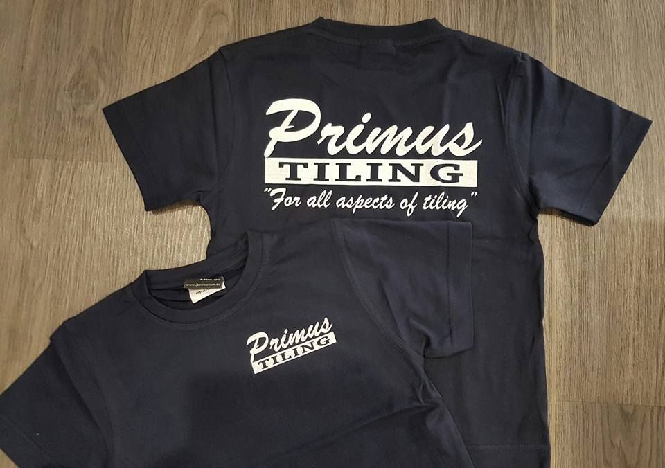 A Black T-shirt That Says Primus Tiling For All Aspects Of Tiling — Sportstar Screenprinting in Gatton, QLD