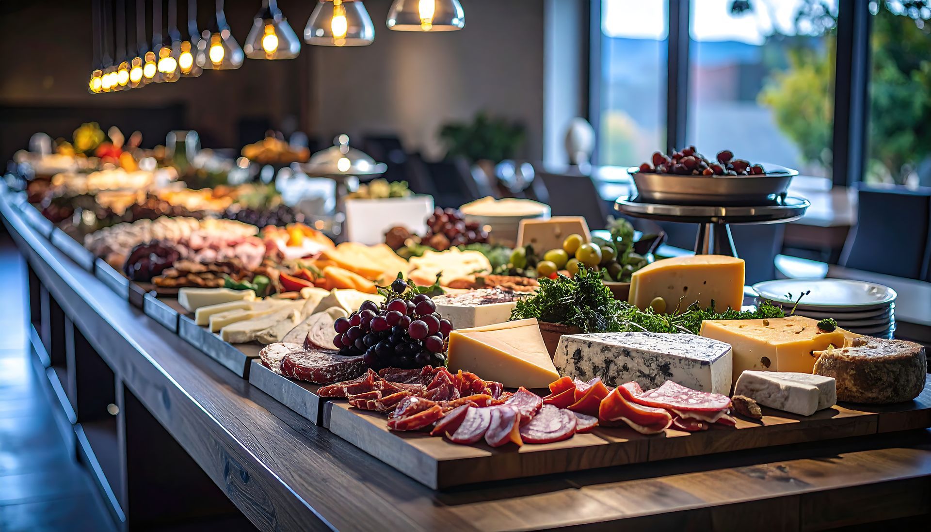 Buffet table with assorted cheeses, meats, fruits, and appetizers under warm pendant lights