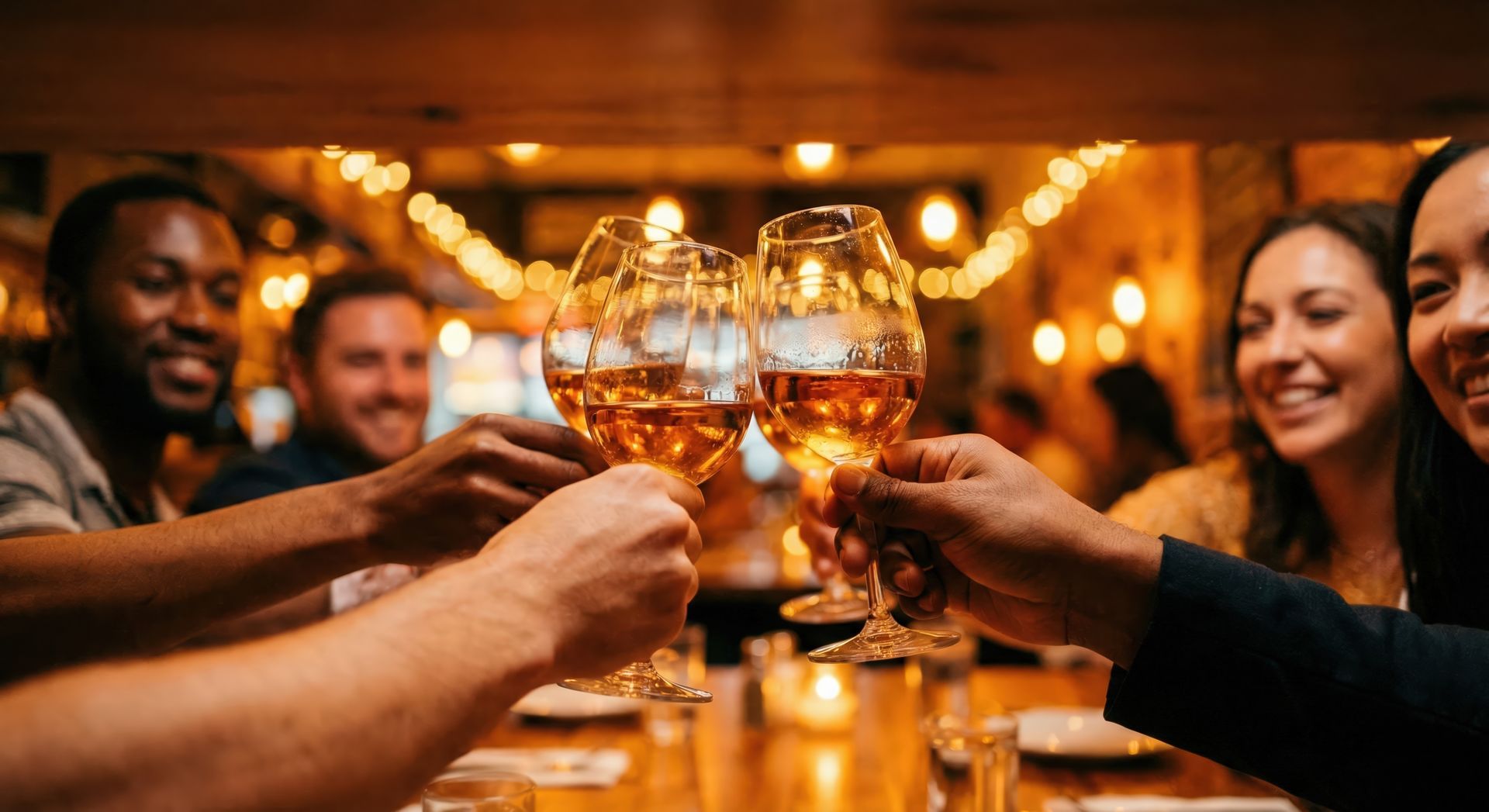 Friends clinking wine glasses in a warmly lit restaurant, celebrating together at dinner