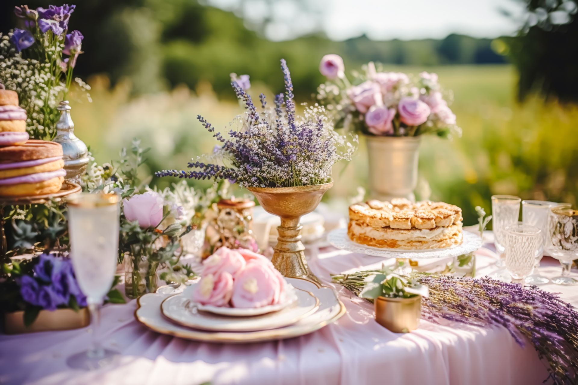 Elegant outdoor dessert table with lavender and pink flowers, cakes, pastries, and glassware in a garden setting