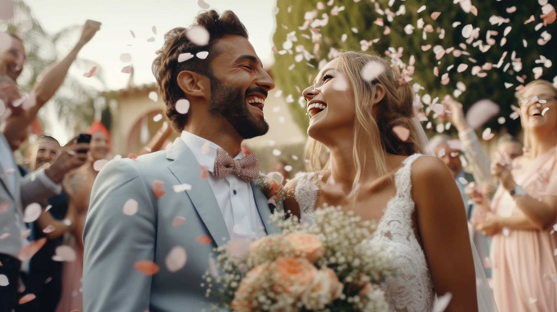 Bride and groom smiling amid falling confetti at an outdoor wedding celebration