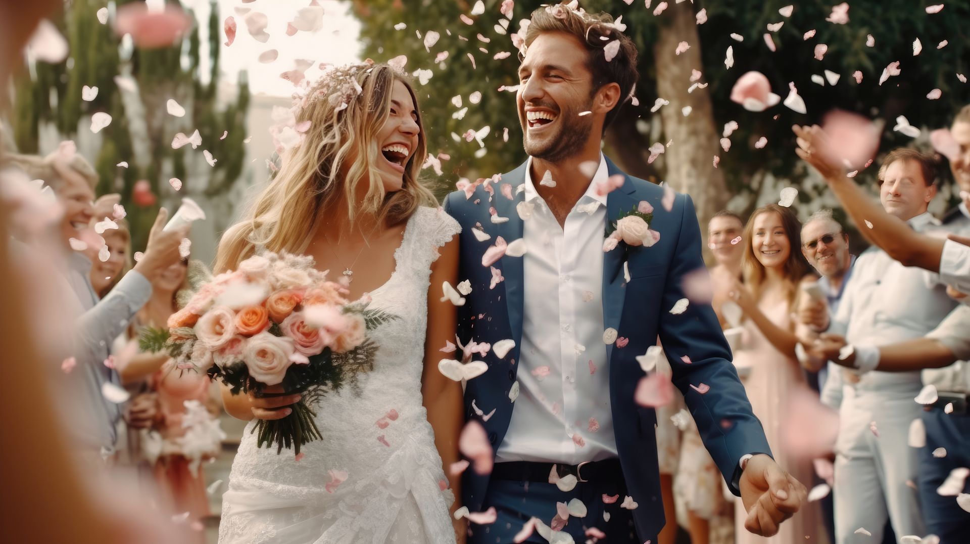 Bride and groom smiling as they walk through falling flower petals at an outdoor wedding