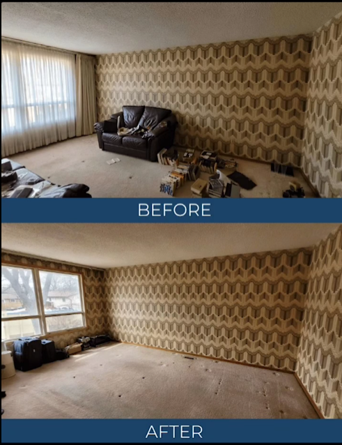 A before and after photo of a living room with a couch.