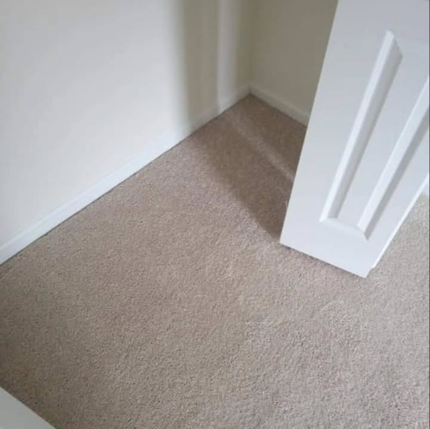 A room with a carpeted floor and a white door.