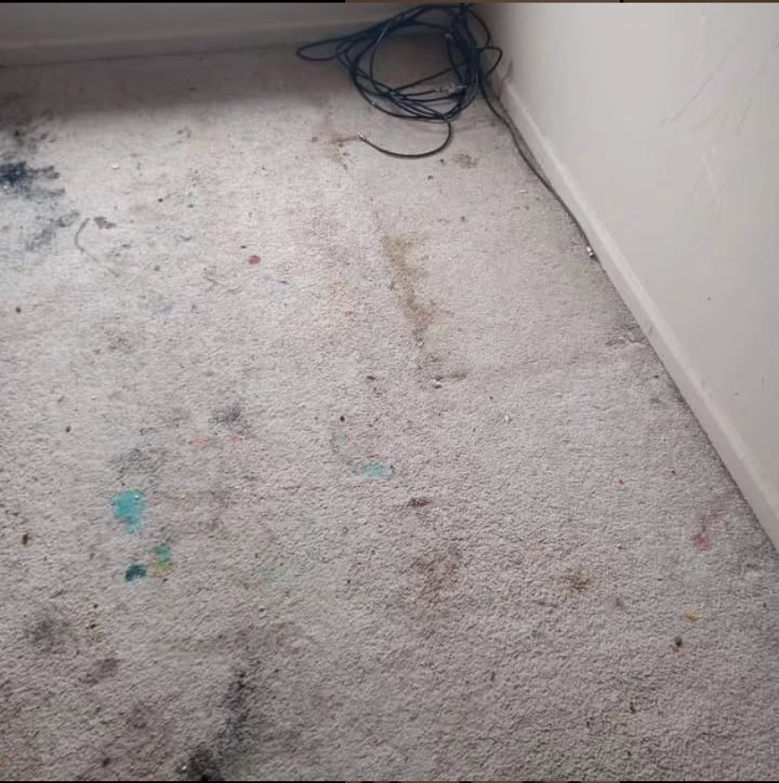 A dirty carpet in a room with a cord on the floor.