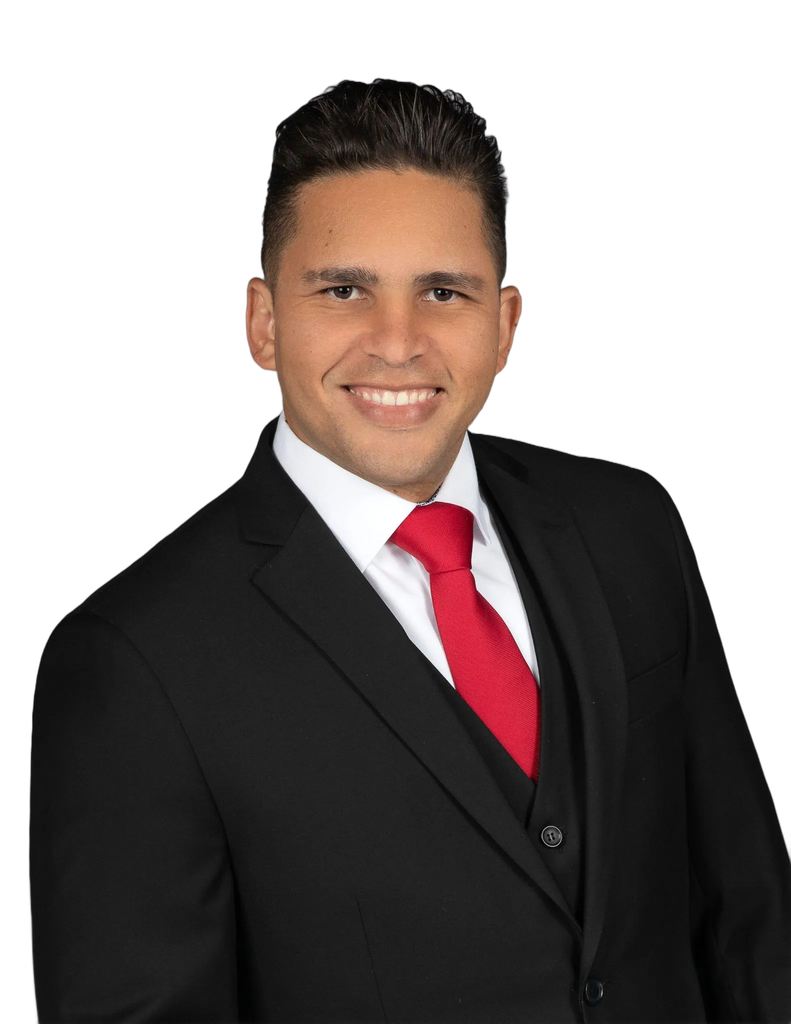 Man in a black suit with red tie smiling.