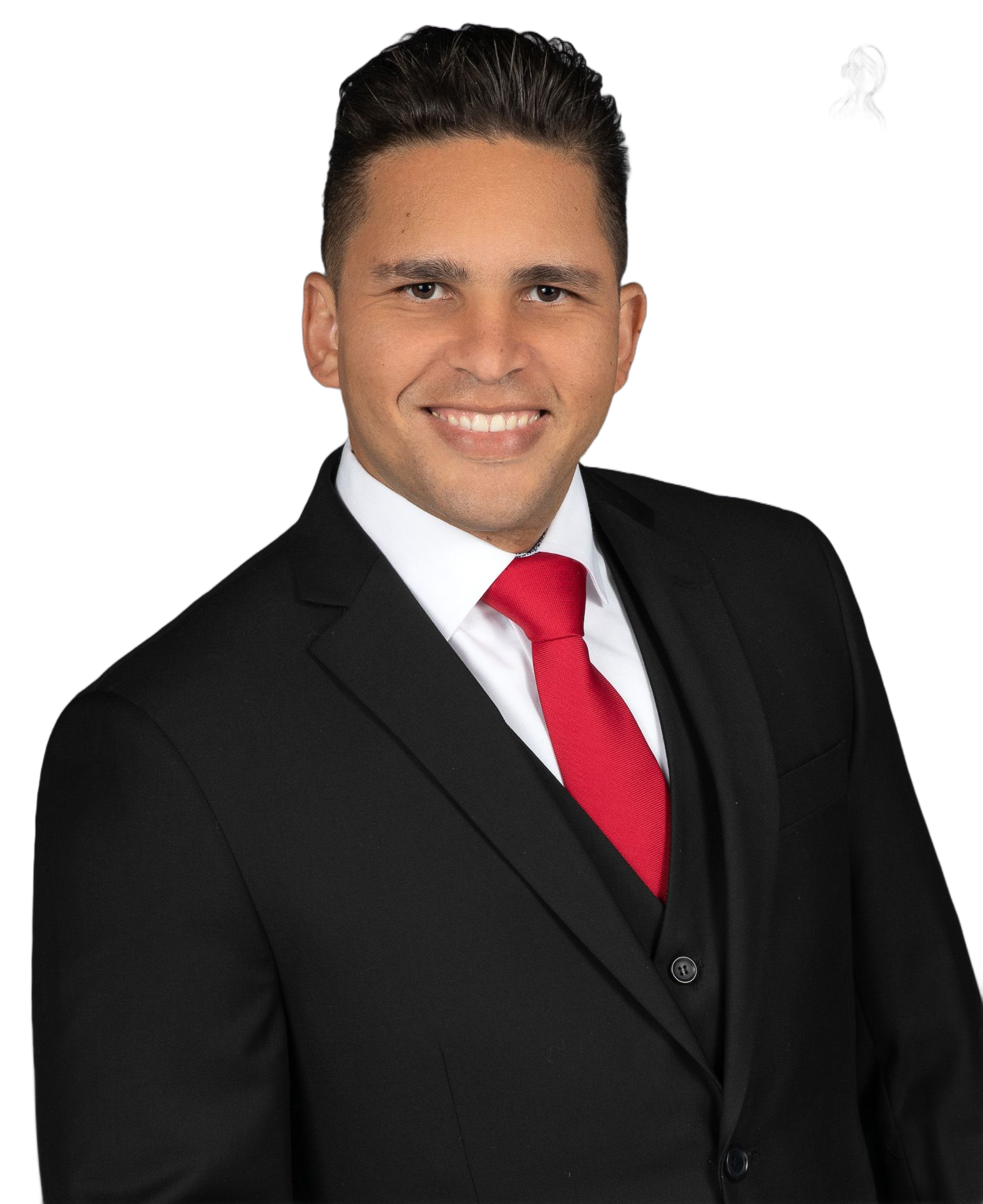 Man in black suit and red tie smiling.