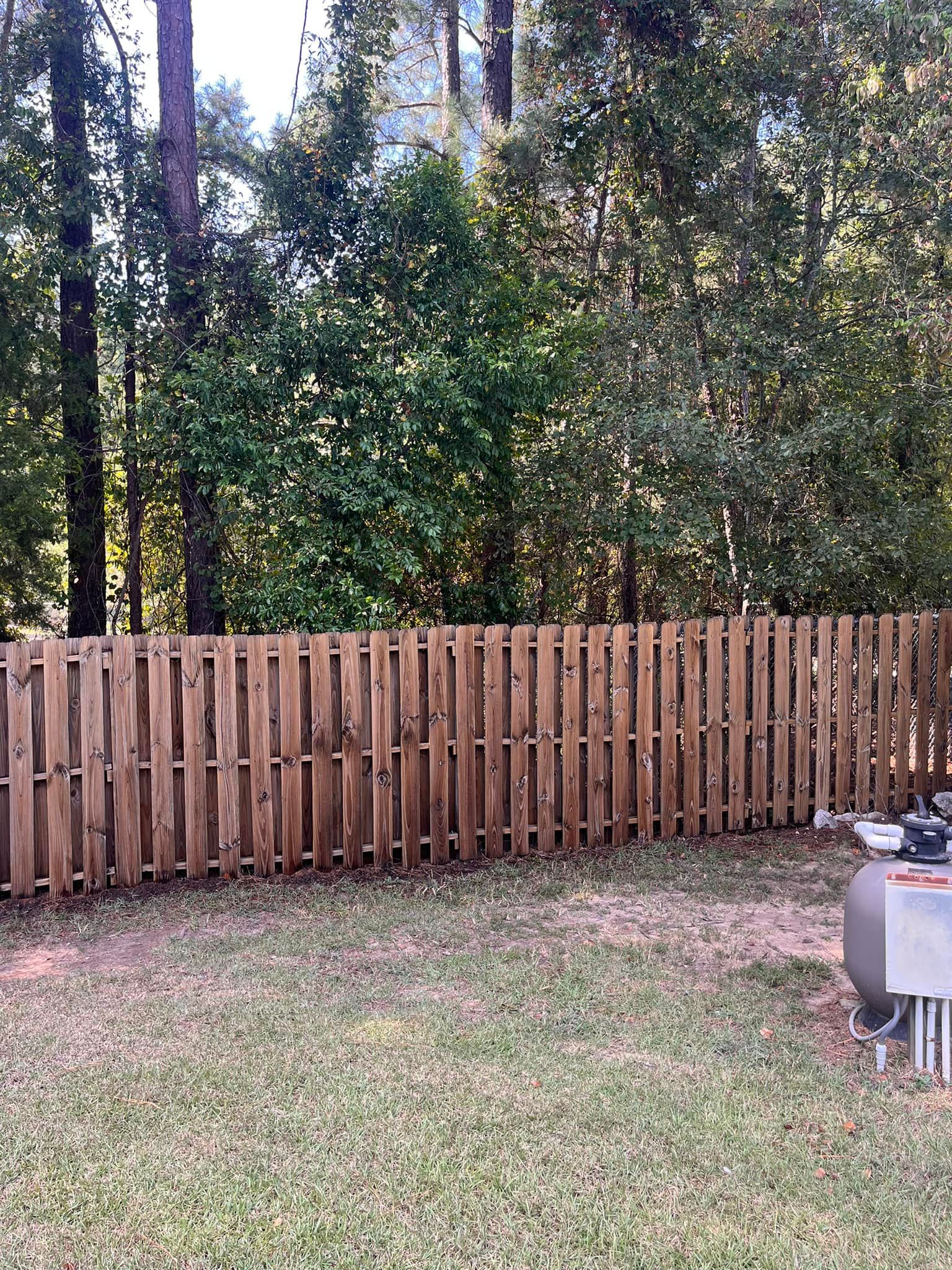 A wooden fence is surrounded by trees in a backyard.