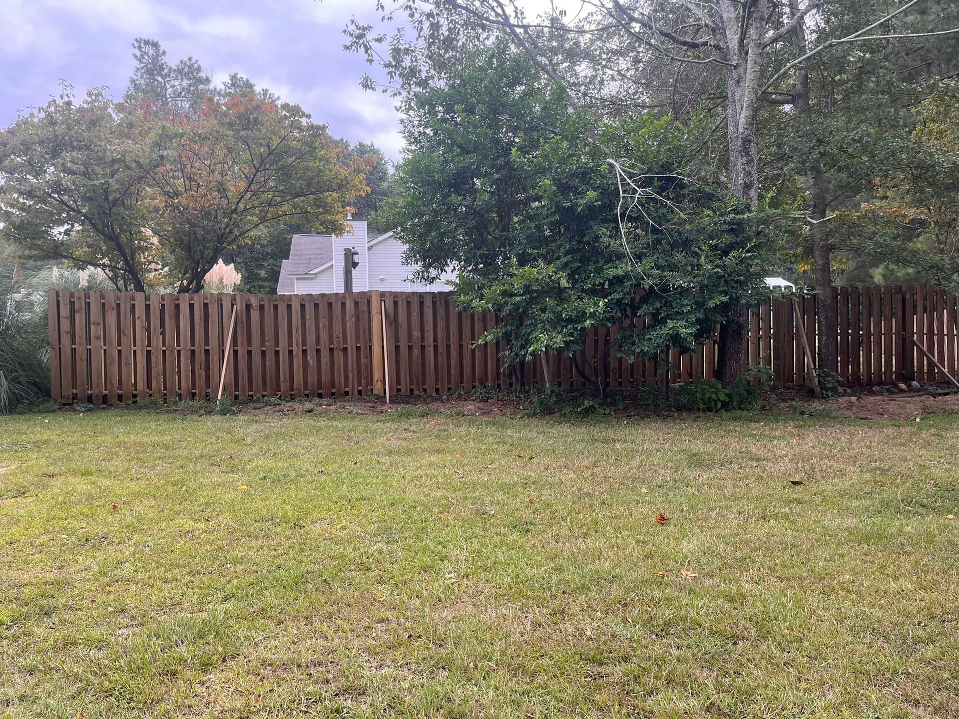 A wooden fence surrounds a grassy field with trees in the background.