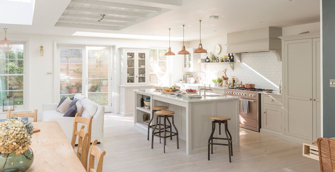 modern white kitchen with large windows