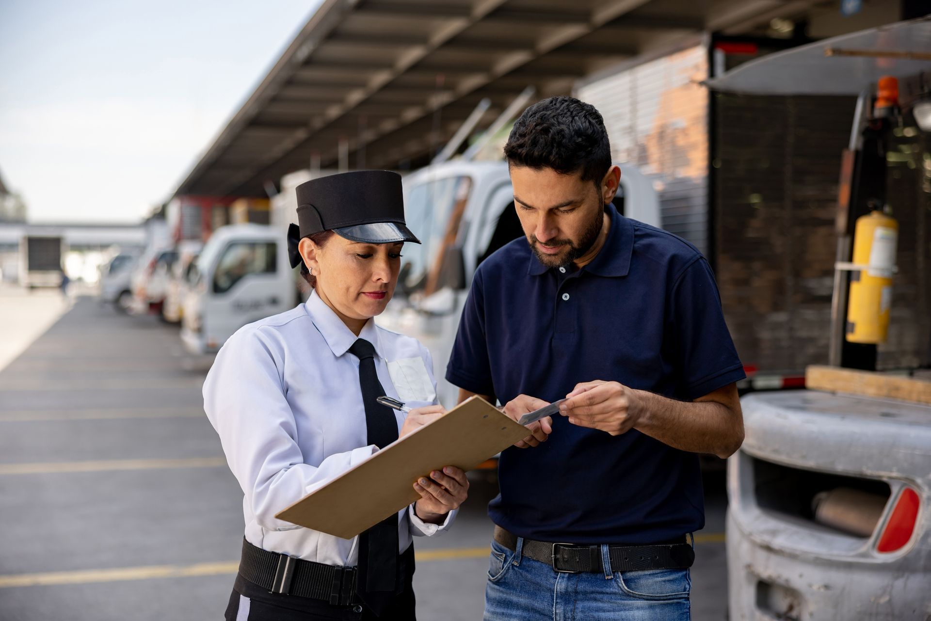 A man and a woman are looking at a clipboard in a parking lot.