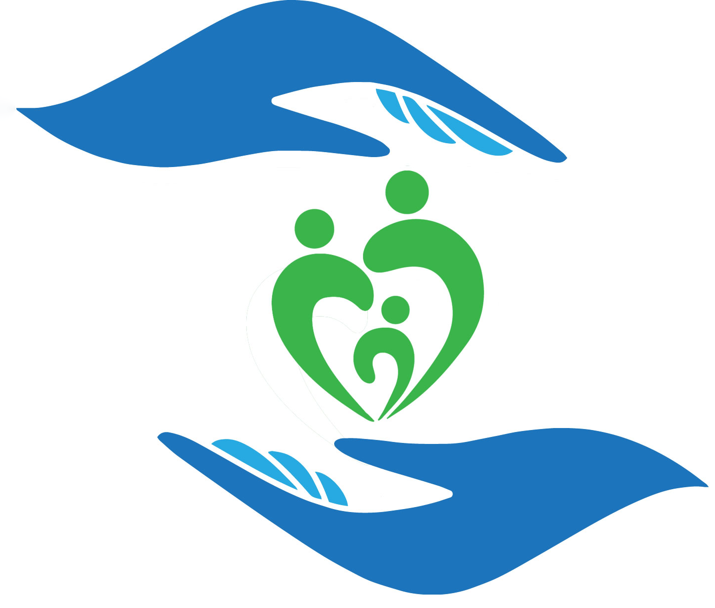 A blue and green logo with two hands holding a family in a heart.
