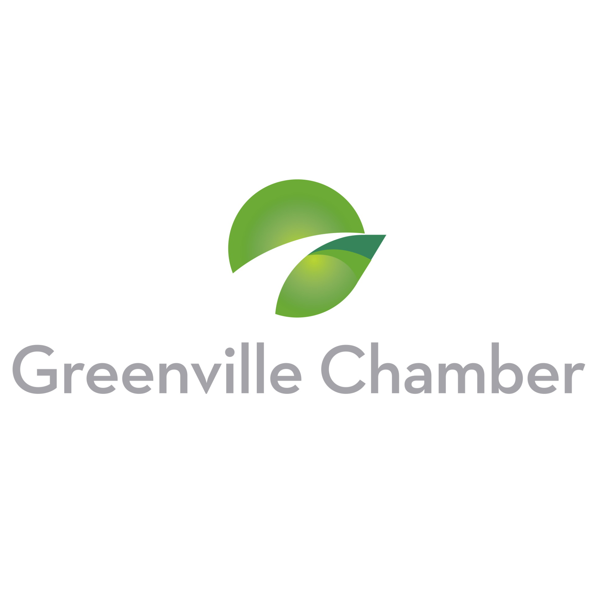 Logo for Greenville Chamber: Green leaf and curved road design inside a green circle, with 