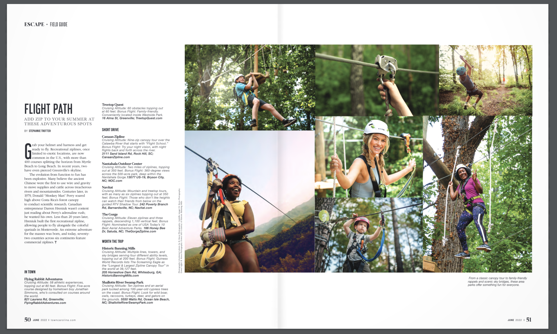 People zip-lining through a forest, wearing helmets and harnesses. Includes close-ups of equipment and individuals on different parts of the course.