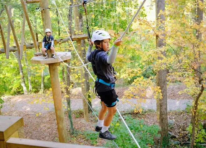 Two children wearing safety harnesses and helmets navigate a tree-top adventure course in a forest. One child is on a zipline.