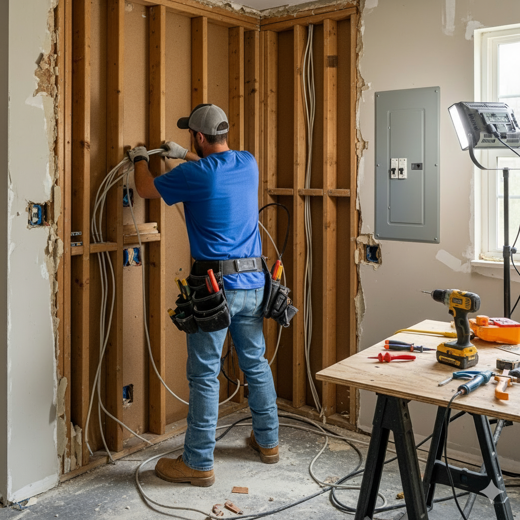 Man in blue shirt installing electrical wiring in a wall with exposed studs.