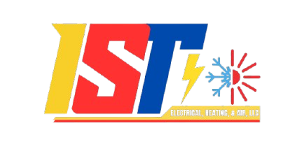 Logo for IST Electrical Heating & Air: Silver icon with lightning, flame, and stylized wing above "IST". Text below reads "Electrical Heating & Air".