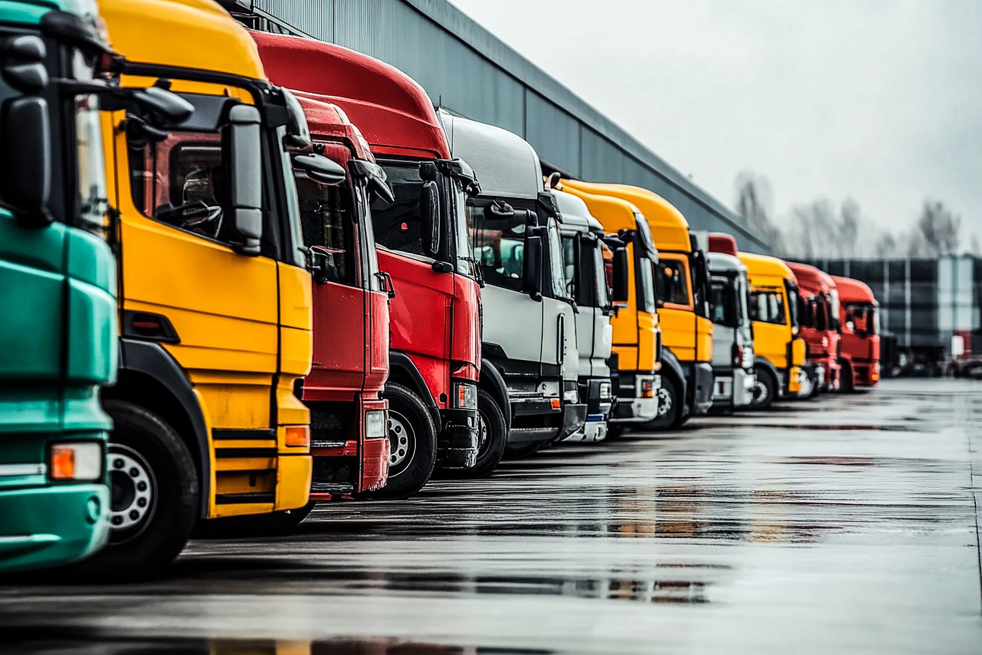 Close-up of a fleet of trucks parked in front of a warehouse delivering factory goods.