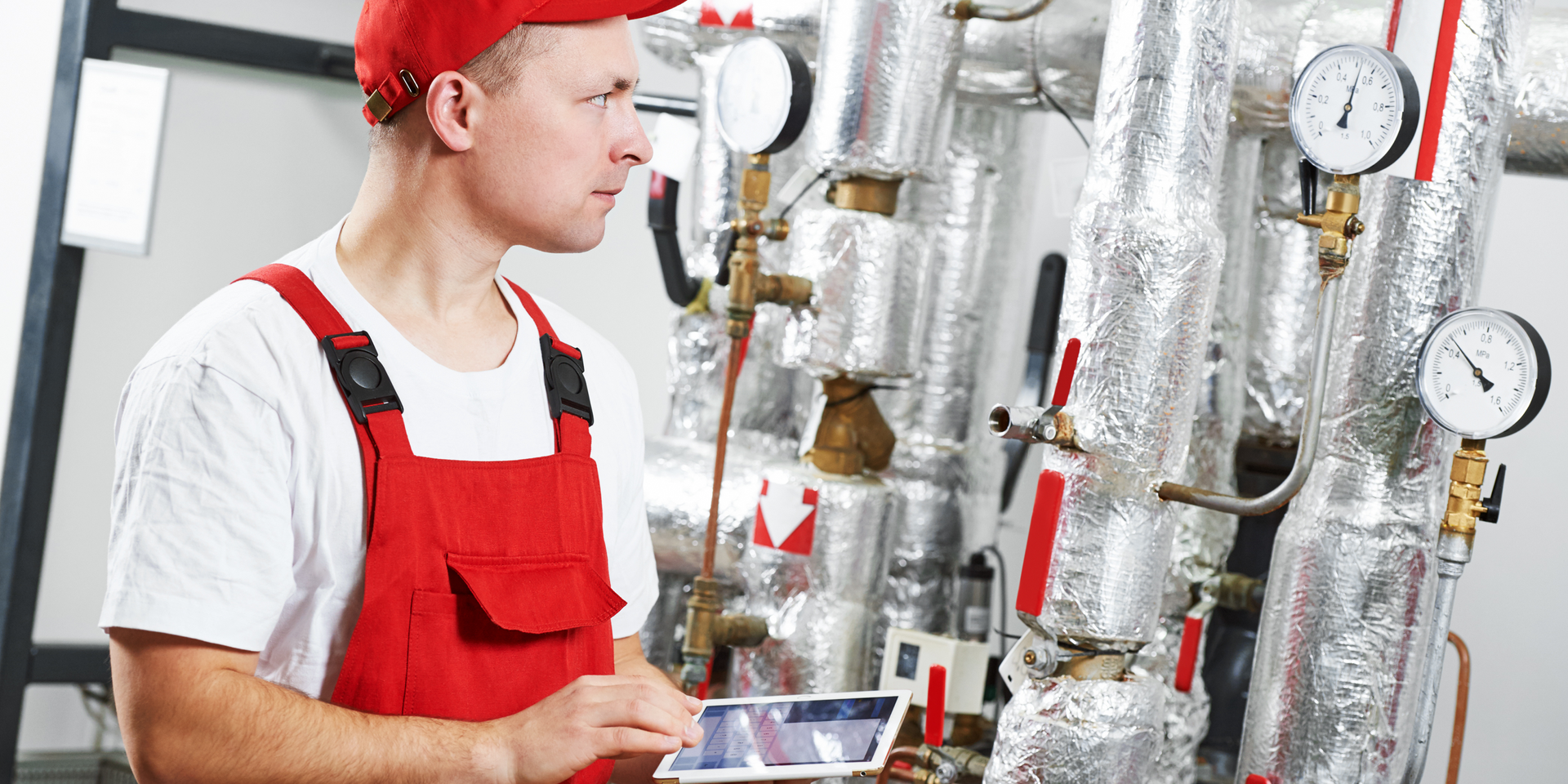 A man in a red hat and overalls is looking at a tablet in a factory.
