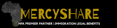 Logo for MercyShare, featuring an African continent outline and gold text on a black background.