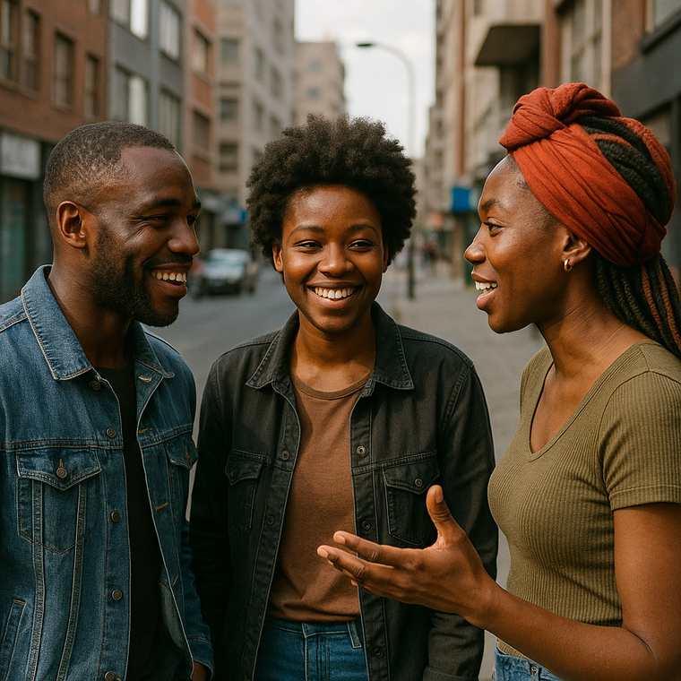 A man and two women are standing on a city street talking to each other.