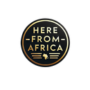 A black and gold logo for here from africa