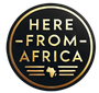 A black and gold logo for here from africa