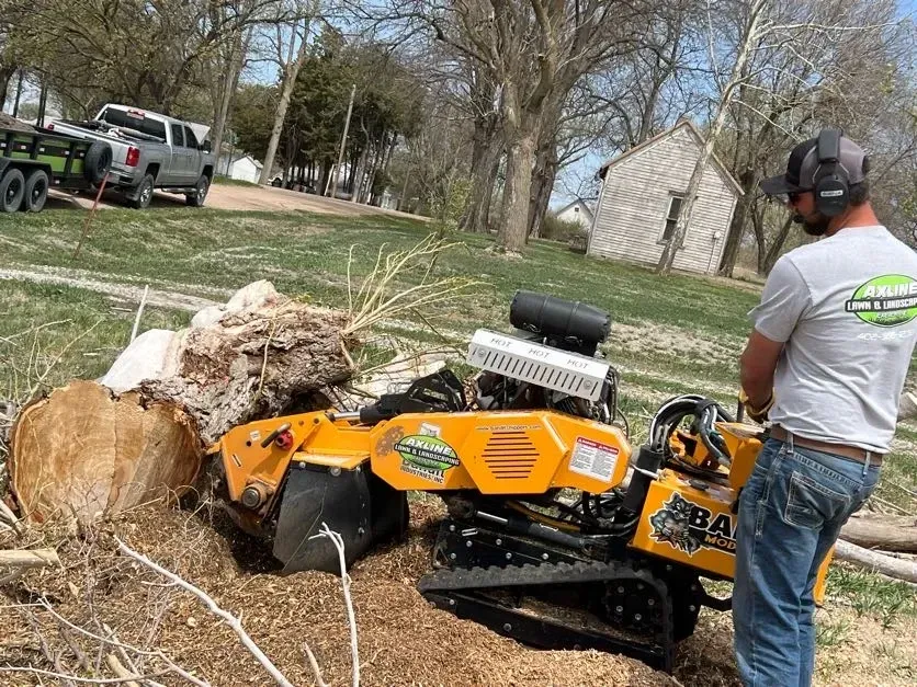 Man Is Standing Next to A Stump Grinder — Exeter, NE — Axline Landscaping & Trees