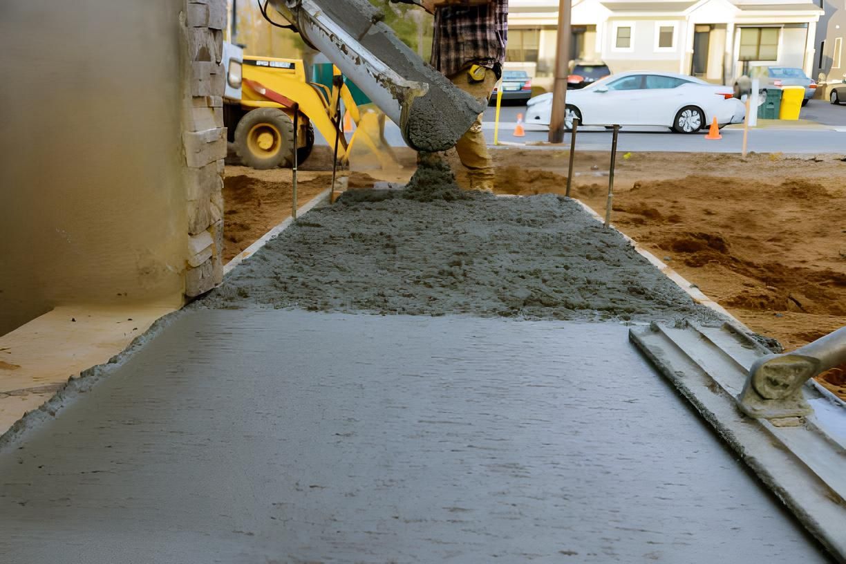 A man is pouring concrete on a sidewalk with a bulldozer in the background