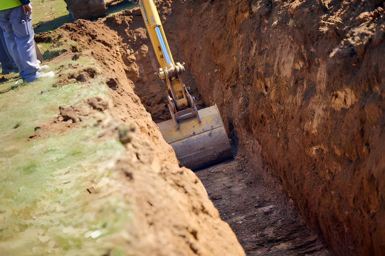 A yellow excavator is digging a hole in the ground