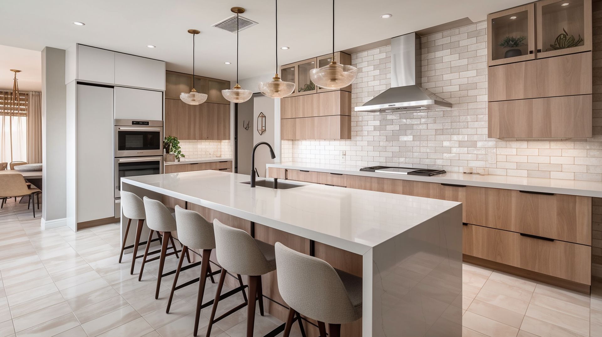 A white open kitchen with a large island and stools in it. It has wooden cabinets.