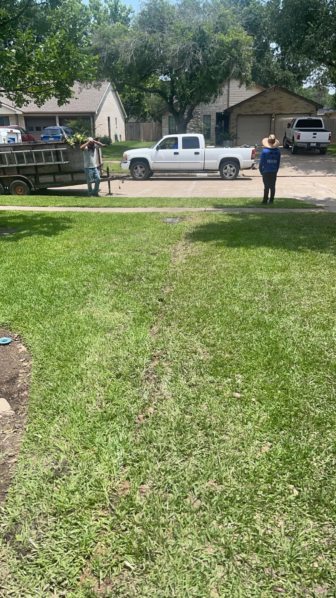 A man is standing in a yard next to a truck.