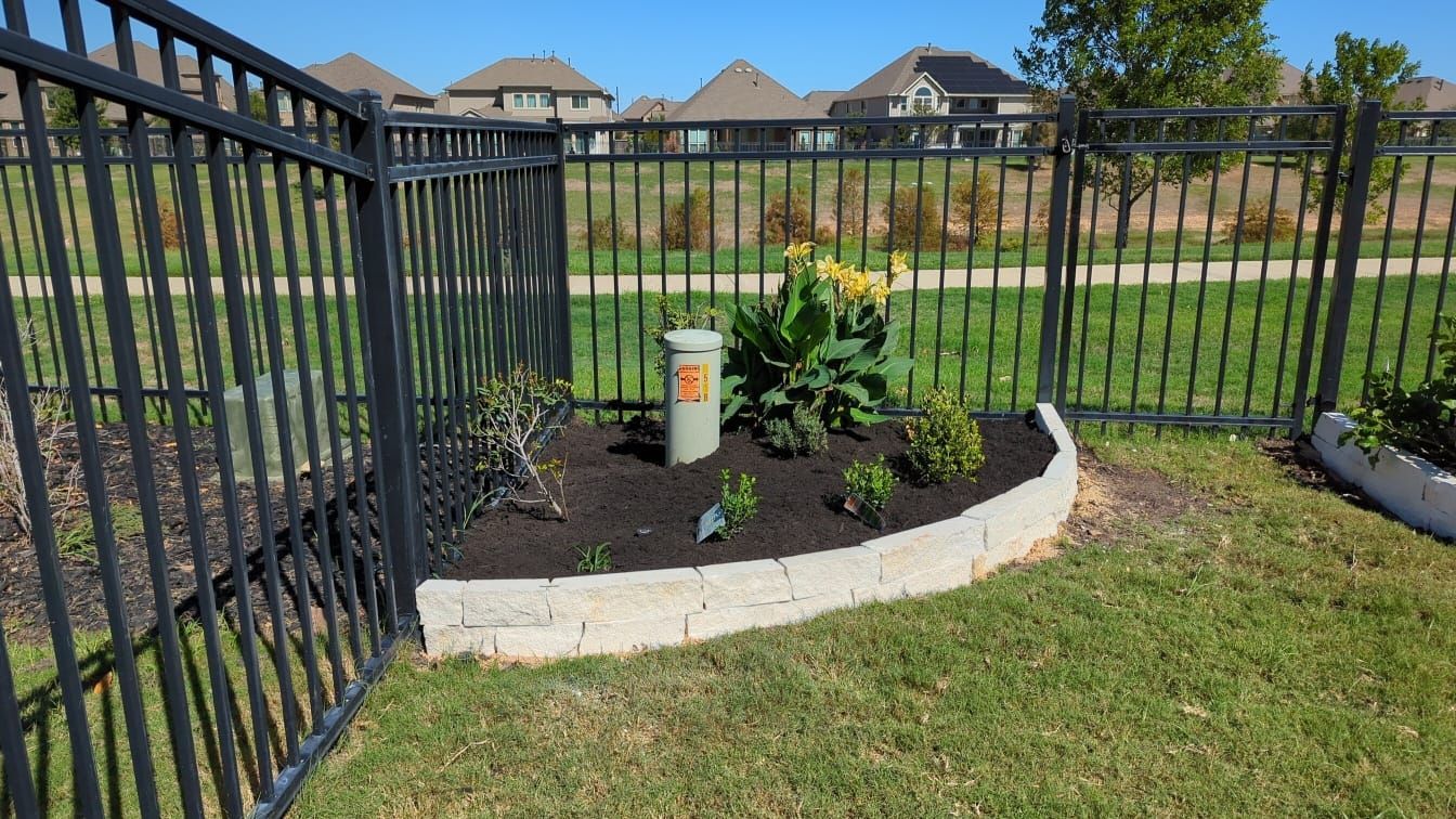 A black fence surrounds a garden with flowers and plants.