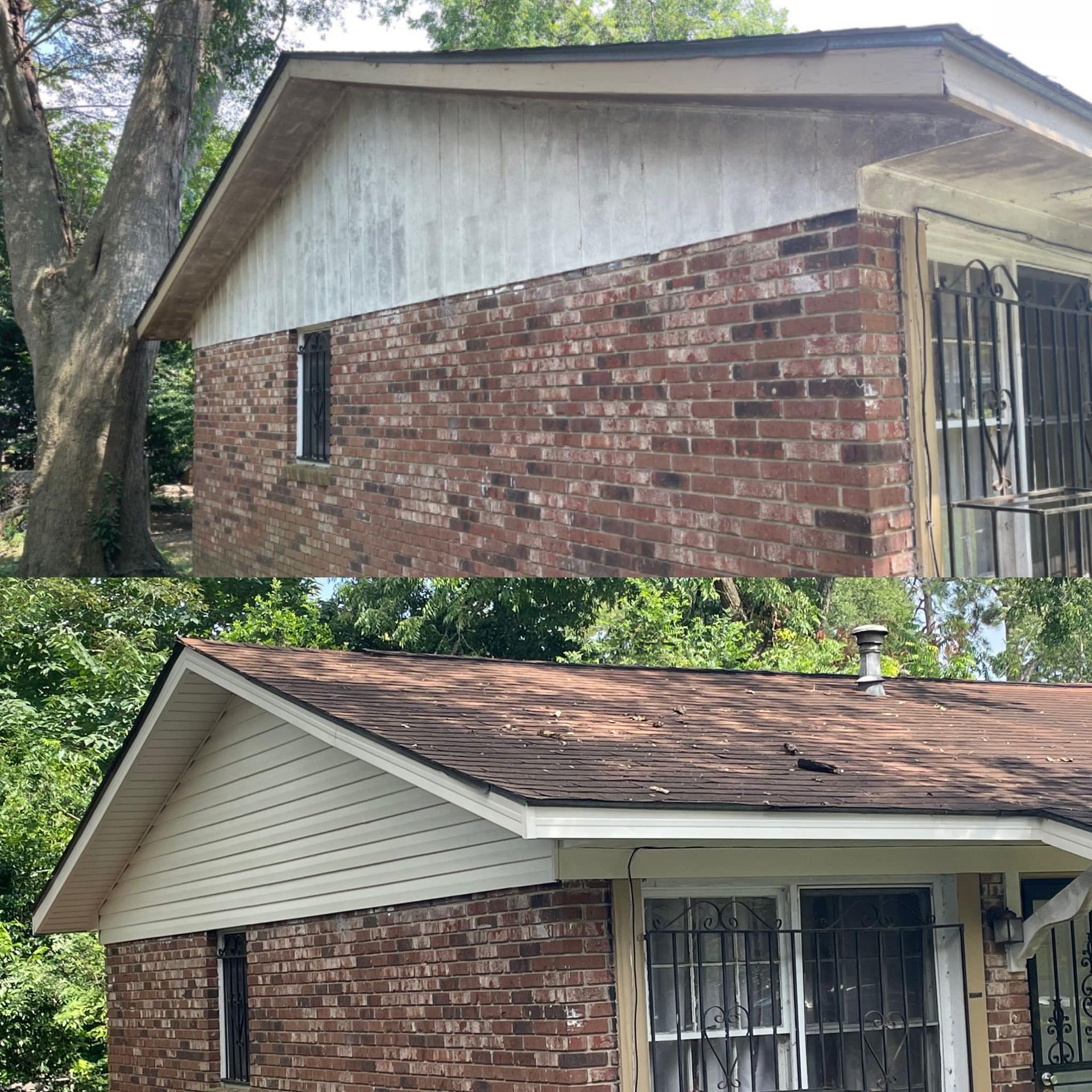 Two photos of a brick house before and after a cleaning; white siding, brown roof, barred windows.
