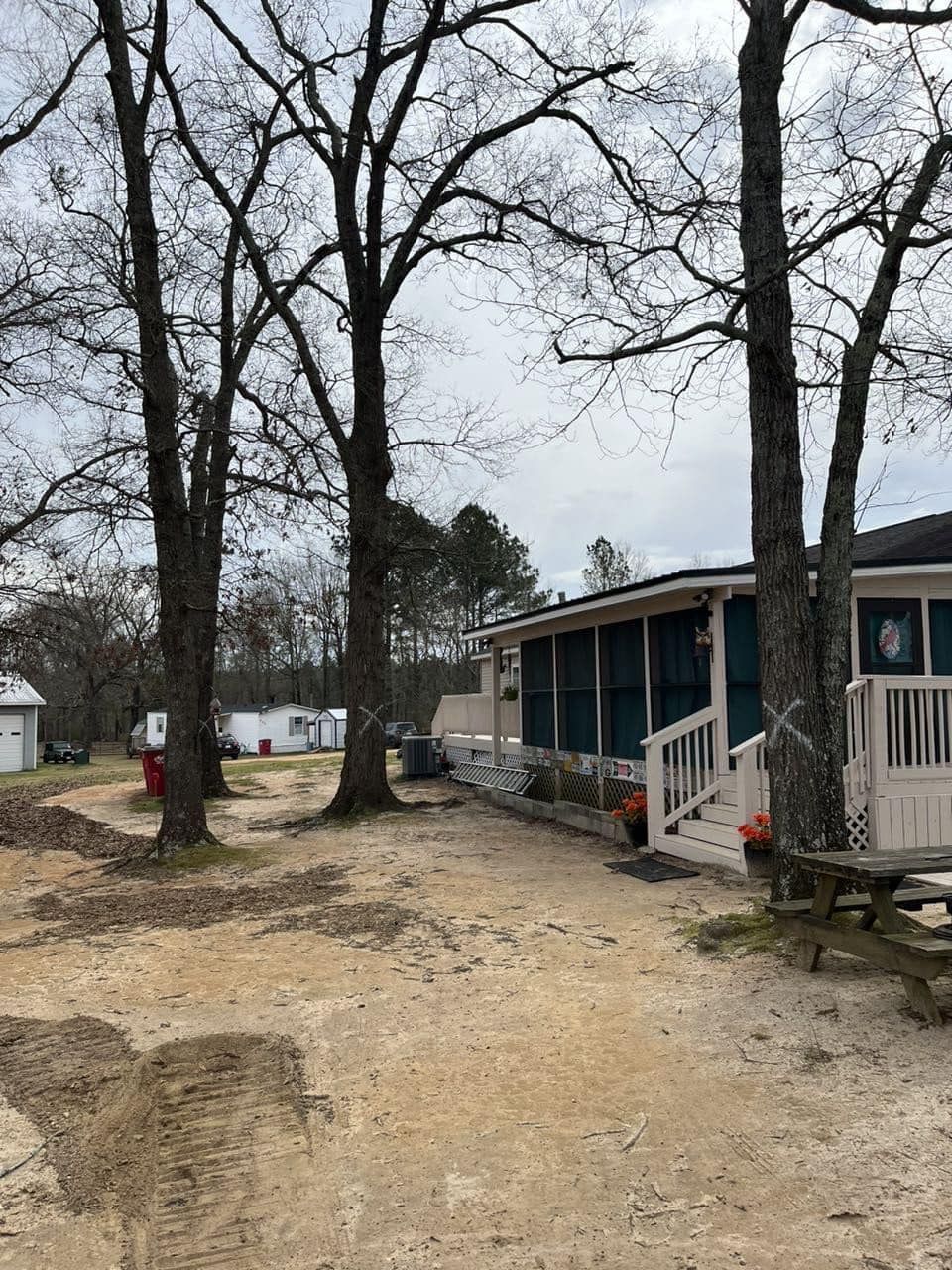 Dirt yard leading to a screened porch with white railing. Bare trees frame the scene.