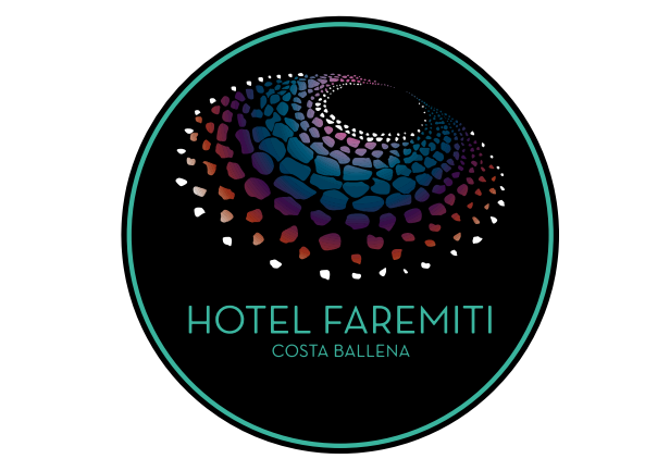 Circular logo for Hotel Faremiti Costa Ballena with a gradient, cellular abstract design on a black background.