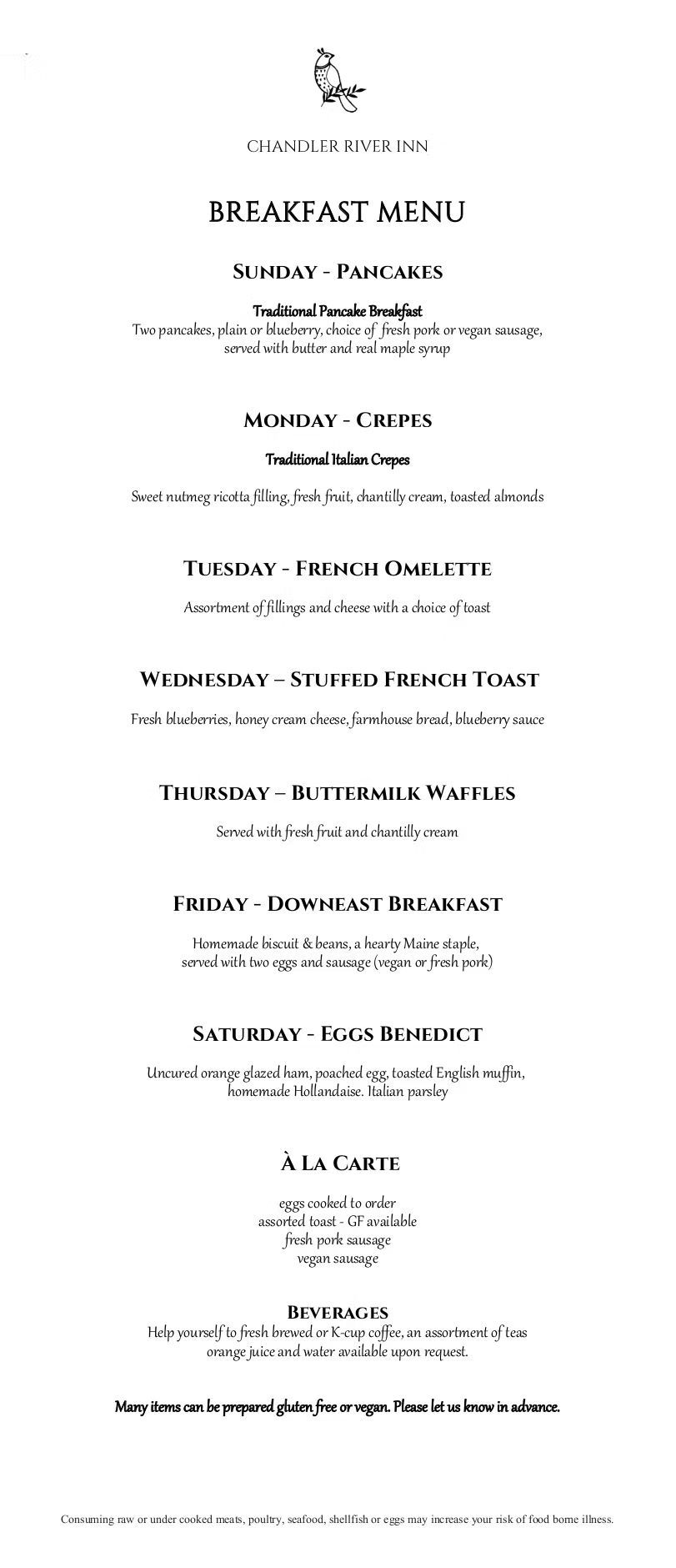 Menu for Chandler River Inn