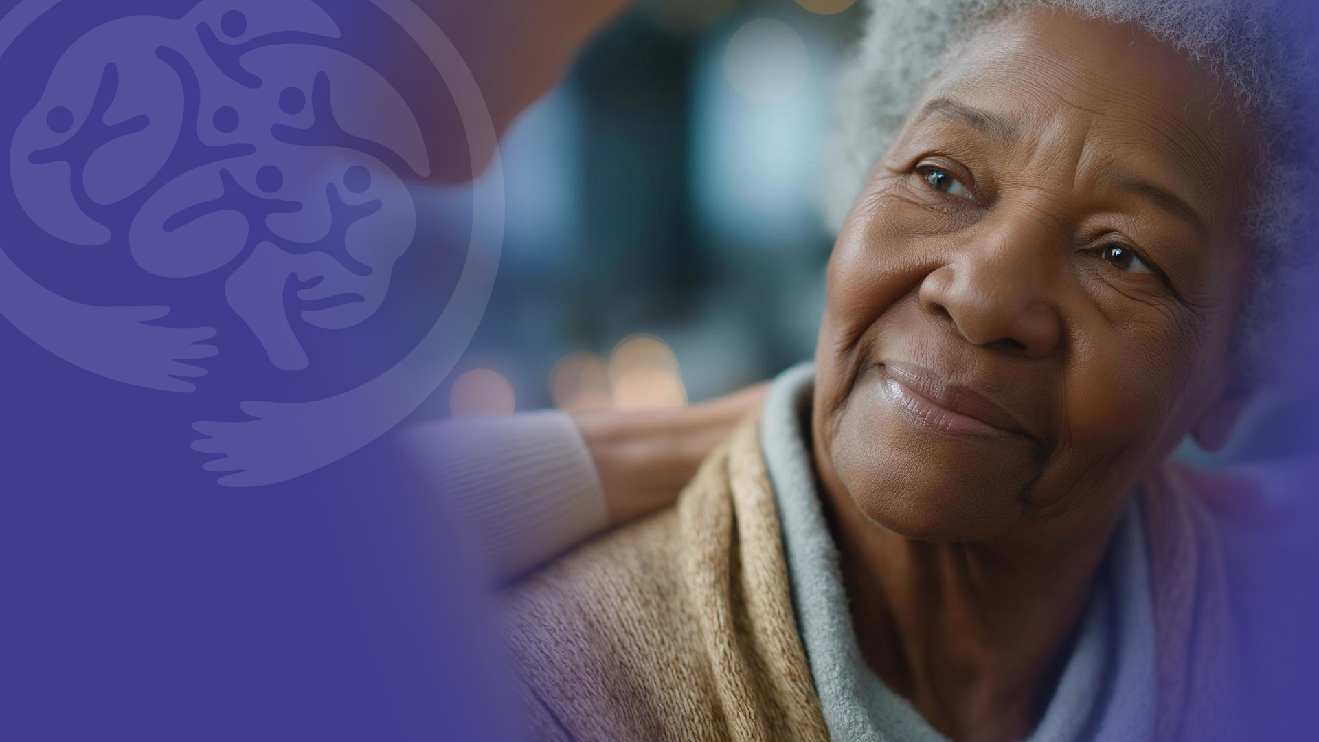 Elderly person with hand on shoulder, looking away, with brain graphic.